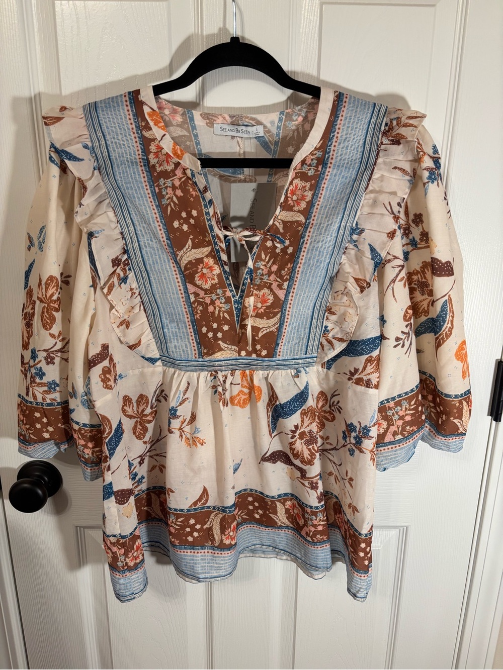 See and Be Seen Boho Floral Blouse RuffleTrim Peasant Top Blue Brown Cream NWT